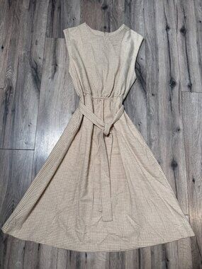 Appleseeds 70's Womens Houndstooth Midi Jumper Dress Size 14 Beige/White Wool Bl